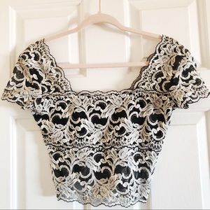 Black & cream lace square neckline crop top